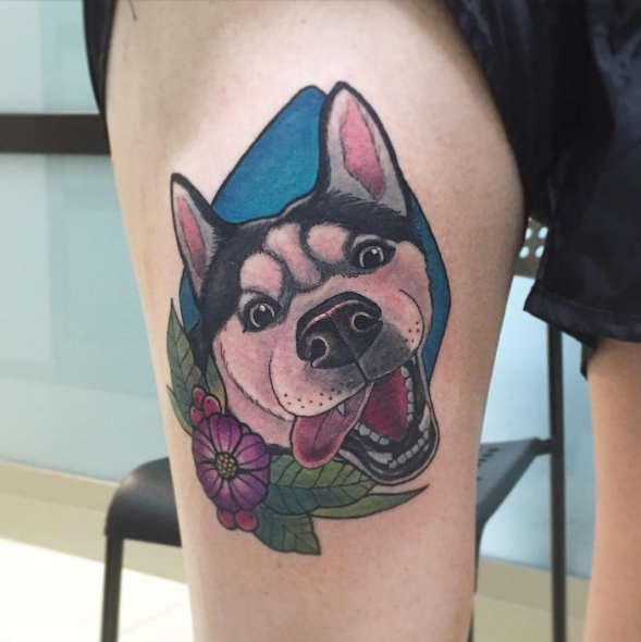 Beautiful husky tattoo with flowers and colors