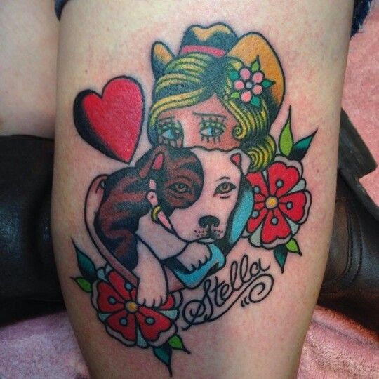 Traditional Pitbull pup tattoo in true greys by Sara Eve TattooNOW