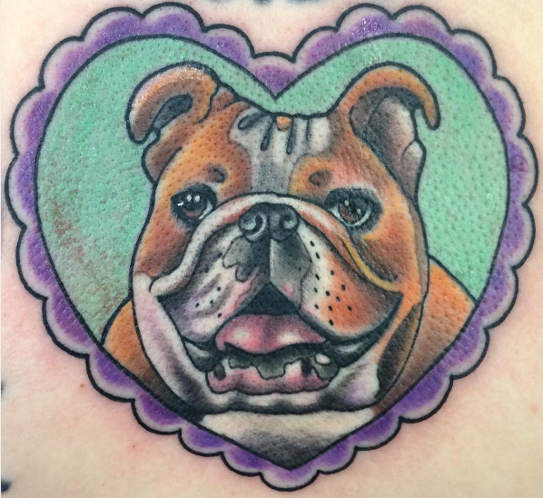 Heart-shaped english bulldog tattoo 